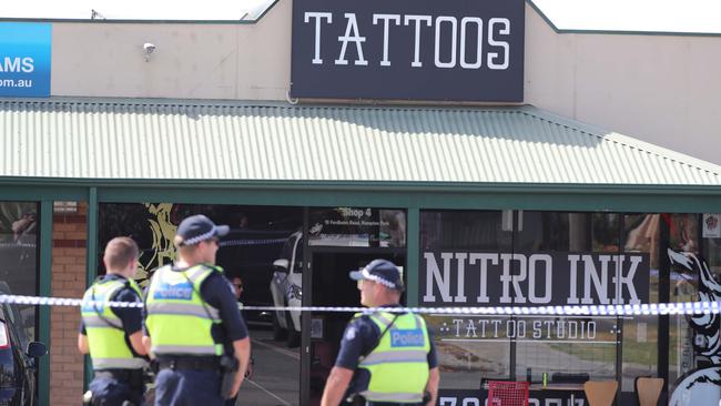 Police have taped off the area around Nitro Ink tattoo studio in Hampton Park. Picture: Alex Coppel