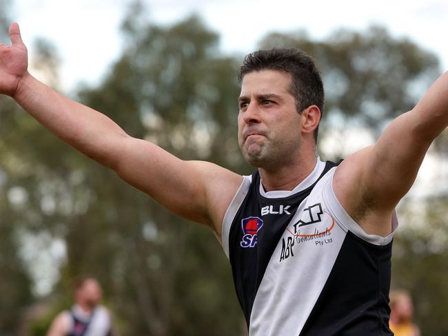 Dave Velado of Oakleigh celebrates a goal during the Division 2 Grand Final of the SFNL between Oakleigh District and Murrumbeena played at Cheltenham on Saturday 19th September, 2015. Picture: Mark Dadswell