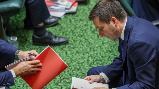 Victorian state opposition leader Matthew Guy reads the budget. Picture: Ian Currie