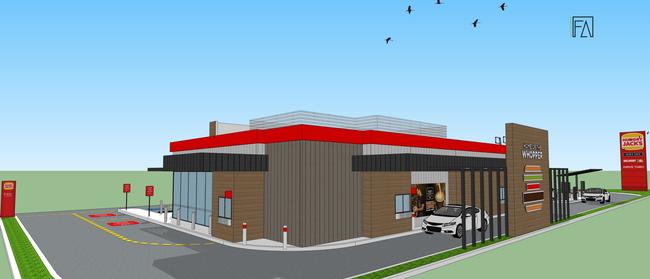 View of the drive-thru for the new Hungry Jacks Gracemere by Fang Architects.