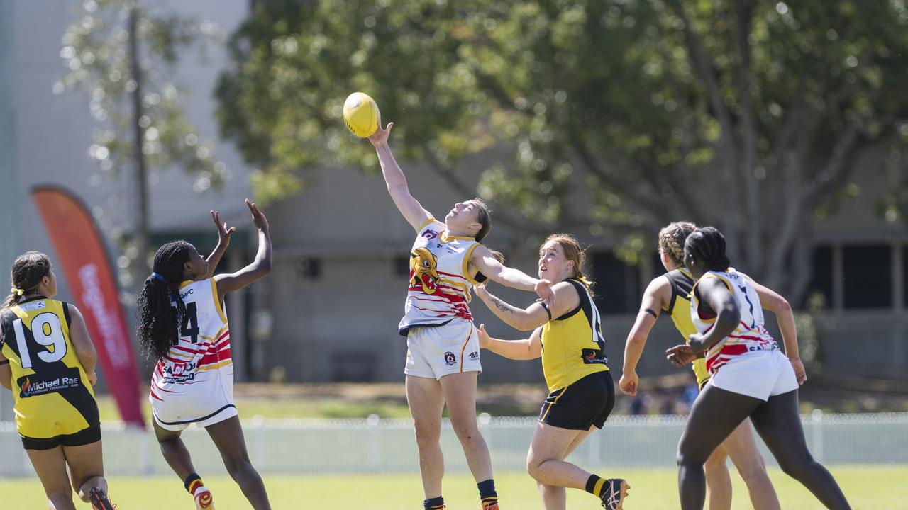 Annabel Myatt gets to the ball for University Cougars against Toowoomba Tigers in AFL Darling Downs Toowoomba Toyota Cup senior women grand final at Rockville Park, Saturday, September 2, 2023. Picture: Kevin Farmer