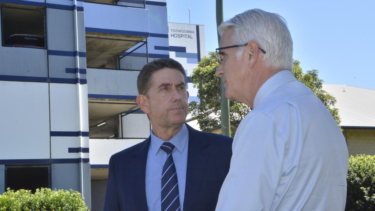 State Labor deputy leader Cameron Dick addresses media in Toowoomba with opposition health spokesman Joe Kelly outside Toowoomba Hospital. April 7, 2025.