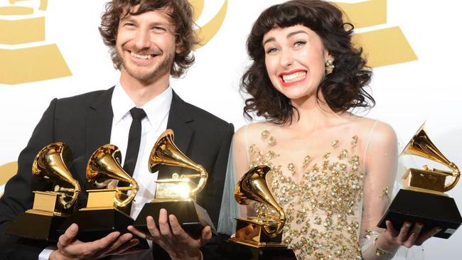 Gotye and Kimbra pose with their trophies at the Staples Center during the 55th Grammy Awards in Los Angeles last year. Picture: Robyn Beck