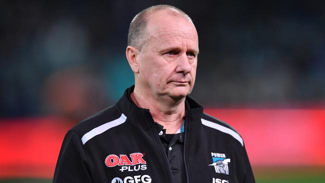 Ken Hinkley the coach of the Power during the Round 23 AFL match between the Port Adelaide Power and the Fremantle Dockers at the Adelaide Oval in Adelaide, Sunday, August 25, 2019. (AAP Image/David Mariuz) NO ARCHIVING, EDITORIAL USE ONLY