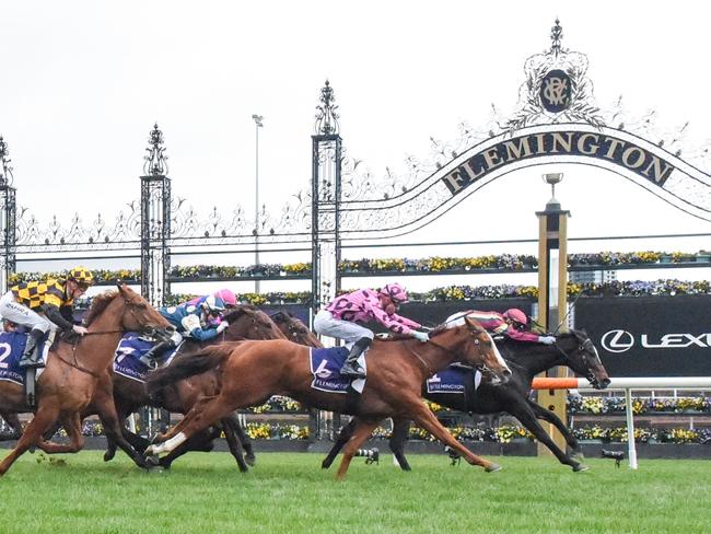 Gentleman Roy ridden by Celine Gaudray wins the Flemington Kentucky Bluegrass Handicap at Flemington Racecourse on August 03, 2024 in Flemington, Australia. (Photo by Brett Holburt/Racing Photos via Getty Images)