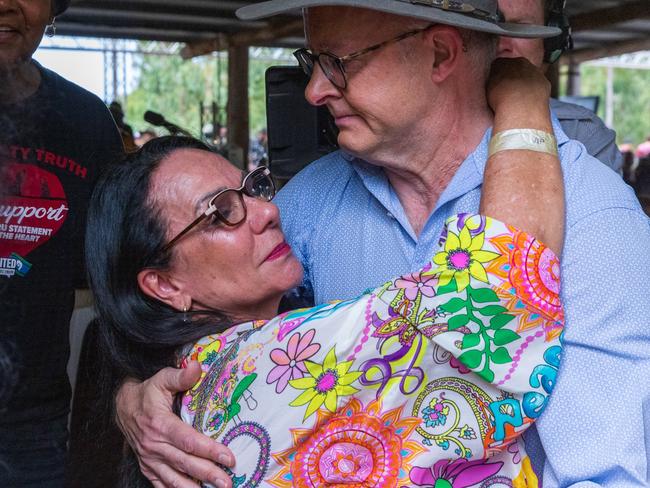 Linda Burney embraces Anthony Albanese during the Garma Festival at Gulkula in 2022. Picture: Getty Images