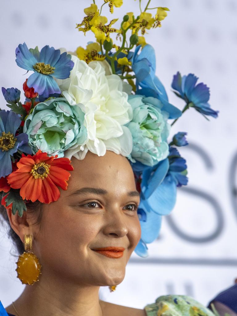 Anna Sillett won best head dress in fashion on the field. Weetwood day at Clifford Park race course. Saturday, September 25, 2021. Picture: Nev Madsen.