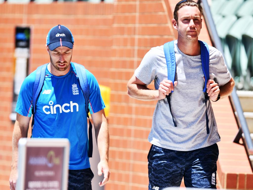 (L-R) Jack Leach and Stuart Broad of England arrive for an England Ashes squad nets session at Adelaide Oval. Picture: Mark Brake/Getty Images