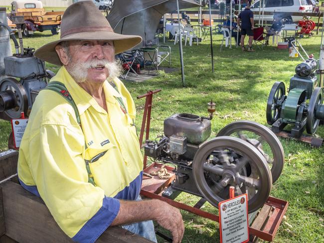 Ian Haycock with his Hercules 3.5HP stationary engine at the Toowoomba Royal Show. Saturday, March 26, 2022. Picture: Nev Madsen.