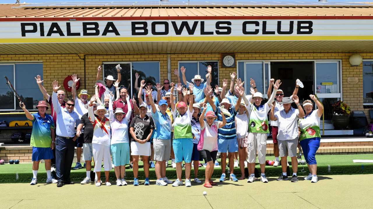 Members of the Pialba Bowls Club with Bowls Queensland CEO Brett Wilkie (fourth from left, second row) and former gold medallist Kelvin Kerkow (second from left, front row) at a training session organised by Bowls Queensland. Picture: Blake Antrobus