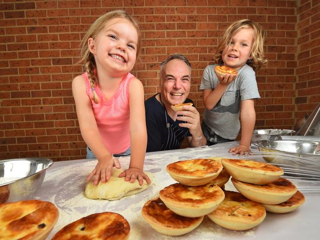 Austin and Zahlia help Melbourne chef Ray Capaldi make some pies. Picture: Tony Gough