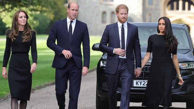 Catherine, Princess of Wales, Prince William, Prince of Wales, Prince Harry and Meghan on the long Walk at Windsor Castle after the Queen’s death. Picture: Getty Images.