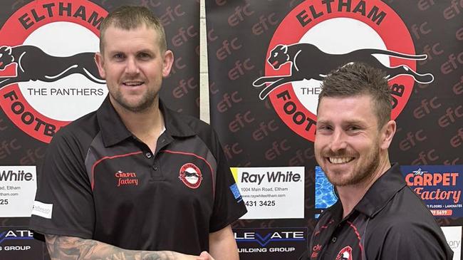 Eltham coach Tim Bongetti with new recruit Jesse Donaldson.