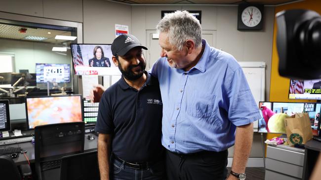 Senior Broadcast Engineer Harish Samineni with Ray Hadley in his studio at 2GB in Pyrmont. Picture: Rohan Kelly.