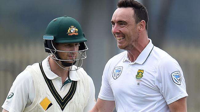 South African bowler Kyle Abbott reacts after dismissing Australian batsman Adam Voges.