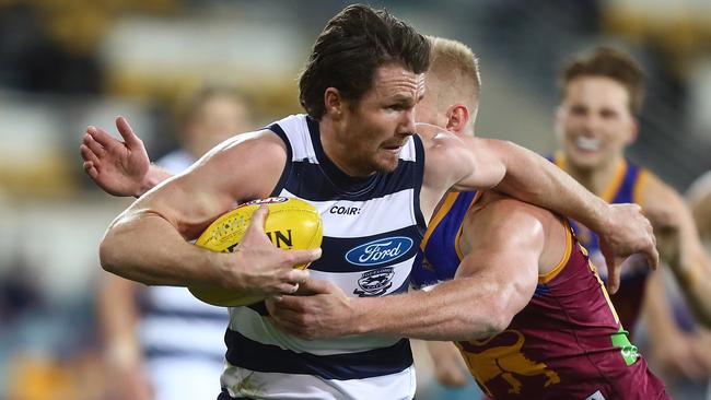 Patrick Dangerfield was at his brilliant best for the Cats against the Lions, probably booking another three Brownlow votes. Picture: Getty Images