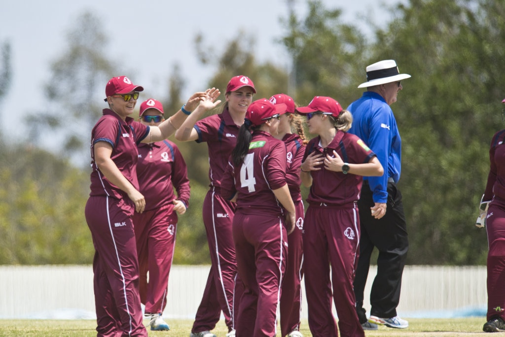 Queensland and Lexi Muller (left) celebrate Lexi's catch that got Western Australia's Ella Mills out in Australian Country Cricket Championships women's division round four at Heritage Oval, Tuesday, January 7, 2020. Picture: Kevin Farmer