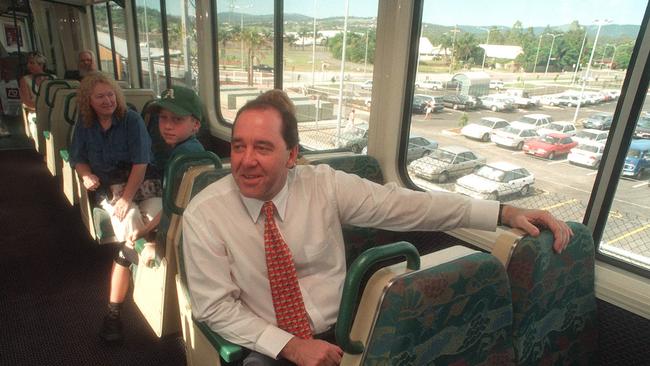 Premier Rob Borbidge enjoys his first train ride to Nerang. Picture Paul Riley