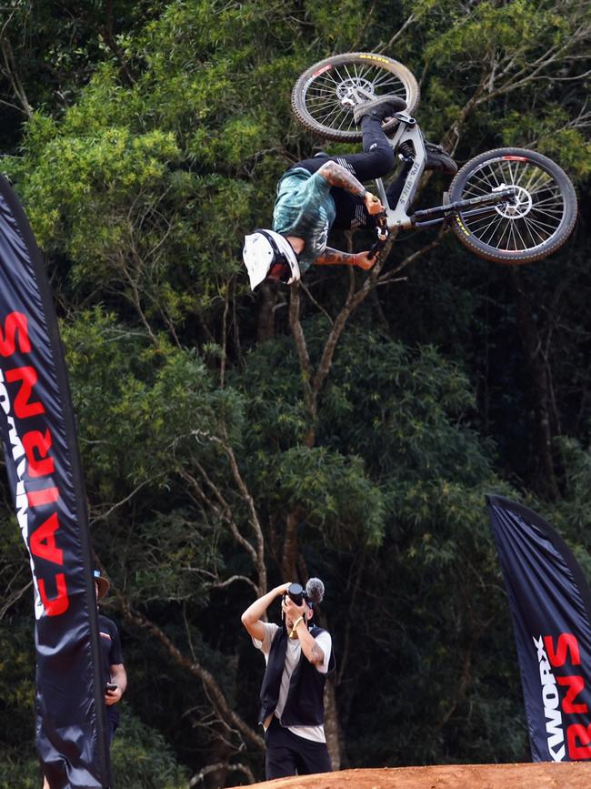 A mountain bike rider competes in the National Whipoff Championship on Day One of Crankworx Cairns. Picture: Brendan Radke