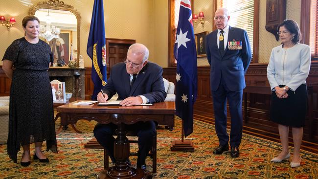 Prime Minister Scott Morrison, his wife Jenny to the left, and Governor-General David Hurley and his wife Linda. Picture: Julian Andrews