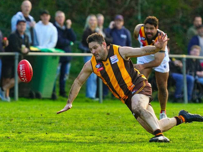 MELBOURNE AUSTRALIA - NewsWire Photos JUNE 15, 2024: Brendan Fevola is seen in action during a match in Div 3 between Heidelberg West and Fitzroy Stars.Picture: NewsWire / Luis Enrique Ascui