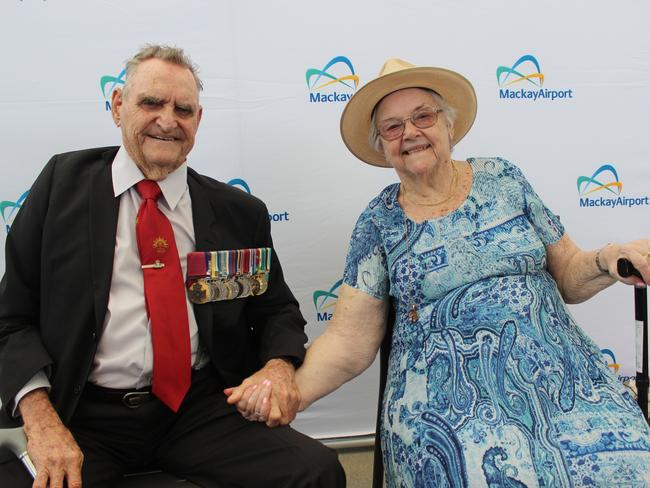 Keith Payne and wife Flo at the Mackay Airport Hall of Fame induction ceremony for Keith Payne VC and Cooper Whitestyles on Friday, December 9, 2022. Picture: Andrew Kacimaiwai.