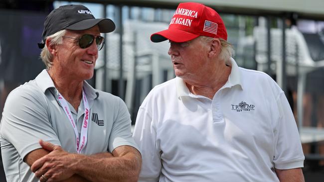 Shark and Trump. (Photo by Jonathan Ferrey/LIV Golf via Getty Images)