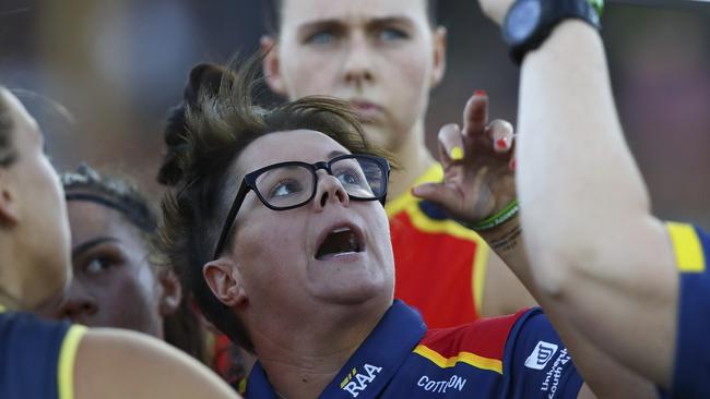 AFLW coaches, such as premiership winner Bec Goddard at Adelaide, are now under AFL directives on how they are to set up their teams and their tactics after an extraordinary email from AFL football chief Steve Hocking. Picture: Sarah Reed