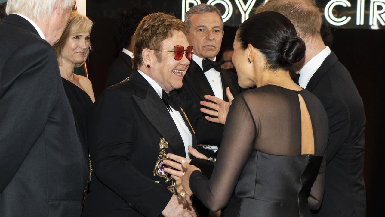 Sir Elton John with Prince Harry, Duke of Sussex and Meghan, Duchess of Sussex at last month’s London Lion King premiere. Picture: Getty