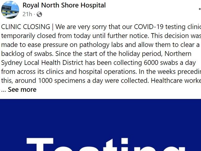 Royal North Shore Hospital’s post about the closure.