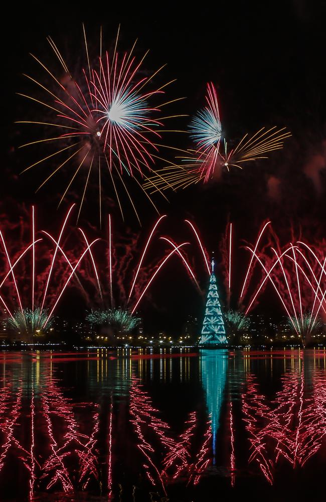 Fireworks explode over the floating Christmas tree at the Rodrigo de Freitas Lagoon as it is lit for the Christmas season in Rio de Janeiro, Brazil. Picture: AP