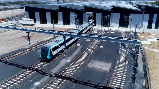 The first Sydney Metro train being tested at Rouse Hill's Talawong Station on March 19.