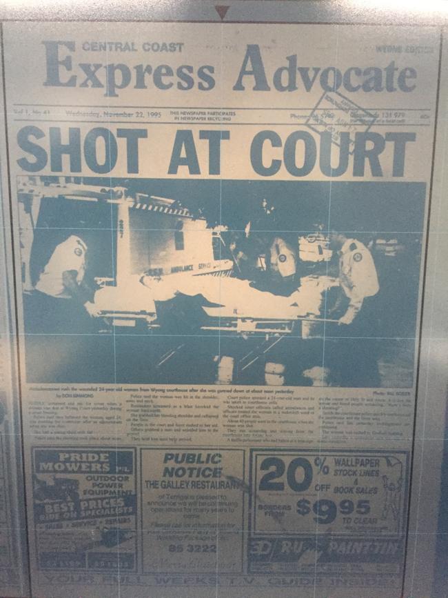 The front page of the Central Coast Express Advocate the day after JF was shot at Wyong Local Court.