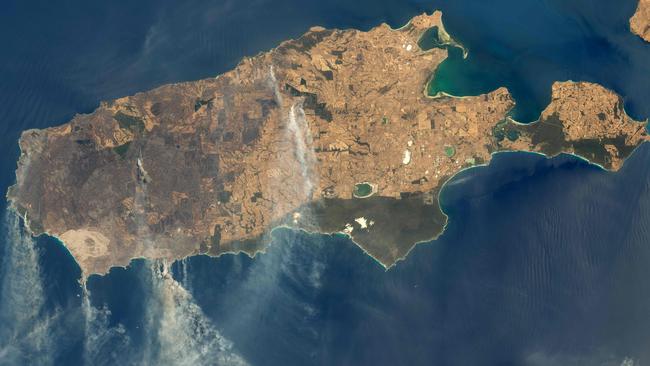 A NASA Earth satellite image taken on January 9 of the fires and smoke drifting from Kangaroo Island Picture: AFP / NASA Earth Observatory