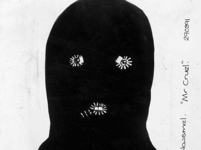 Police sketch of the dark green balaclava used by Mr Cruel.