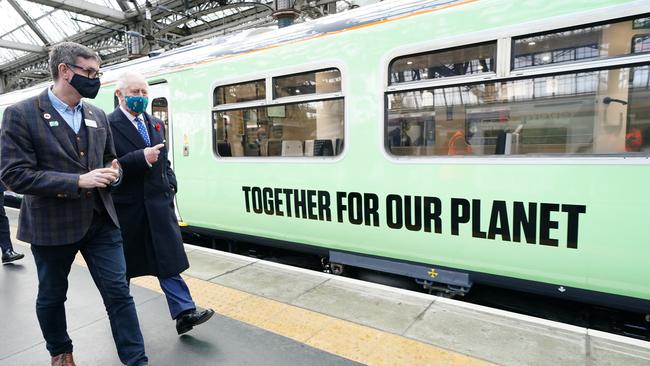 Prince Charles inspecting a hydrogen powered train at Glasgow Central Station. Picture: Jane Barlow