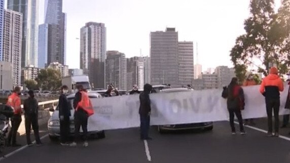 Extinction Rebellion protesters caused peak hour traffic chaos on Melbourne’s West Gate Freeway last Tuesday. Picture: 9 News