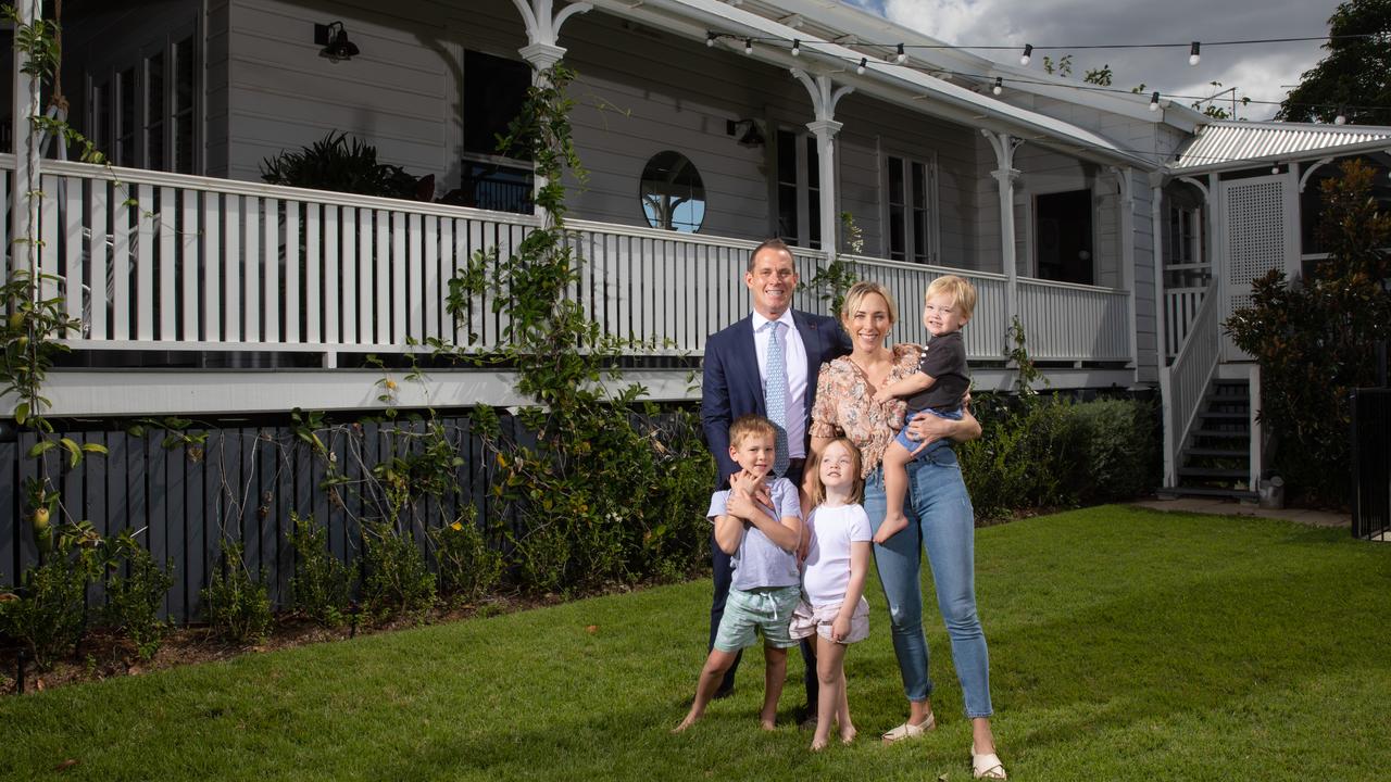 Matt and Caitlyn Lancashire at home in hilltop New Farm with children Monty, Lulu and Ziggy. Picture: David Kelly