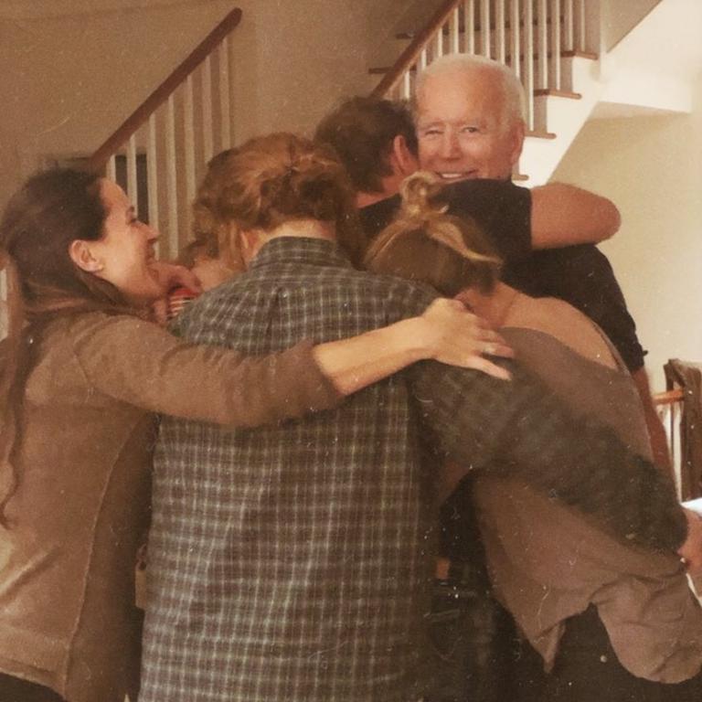 Joe Biden’s daughter Naomi shared this moment of the family coming in for a hug after his election victory. Picture: Twitter