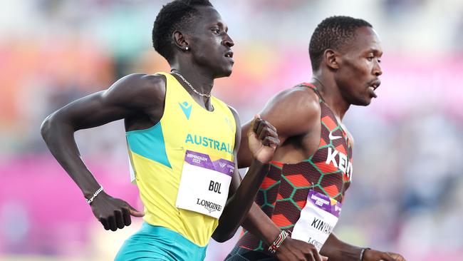 BIRMINGHAM 2022 COMMONWEALTH GAMES. 07/08/2022   .  Track and Field at Alexander Stadium.  Mens 800 mtr final . Australian Peter Bol and winner Wyclife Kinyamal with a lap to go . Picture: Michael Klein