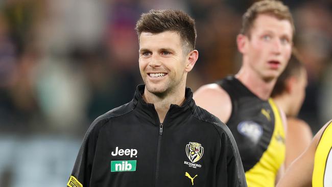 Trent Cotchin suffered a hamstring injury and was subbed out in the last quarter. Picture: Michael Willson/AFL Photos/Getty Images