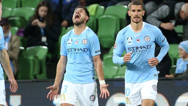 Bruno Fornaroli celebrates a goal against Wellington Phoenix.