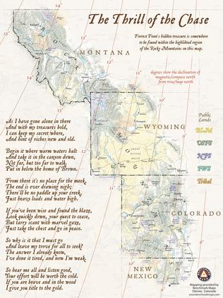 The map and clues. Picture: Benchmark Maps/Courtesy of Forrest Fenn