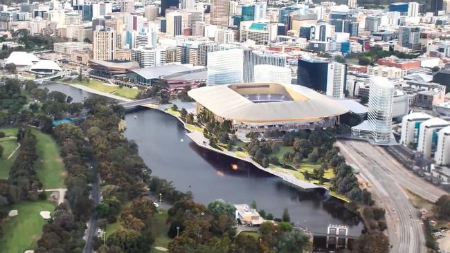 An aerial artist’s impression of the Riverbank Arena beside high-rise buildings. Picture: Supplied