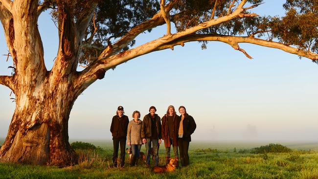 Hamish, Jenny, Bob and Ian Congdon, and Courtney Young, in the Congdon family’s wheat crop at Berrigan, NSW.