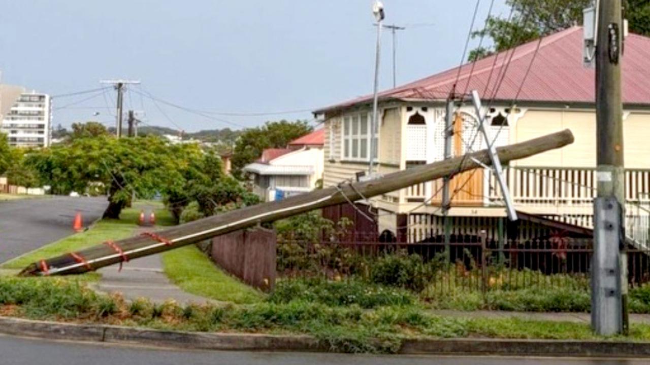 The downed powerpole on Saint Leonard’s Street in Coorparoo. Picture: Supplied