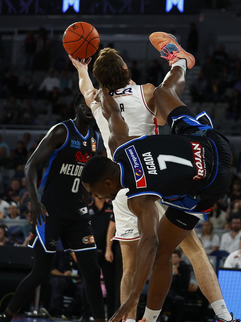 Aagada caught Naar on the head as he fell to the court. Picture: Getty Images