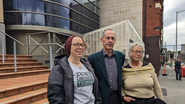 Kristy Lee Alger (L), Bob Brown (centre) and Karen Lynne Weldrick (R) outside Hobart Magistrates Court after pleading not guilty to a single count each of trespass.