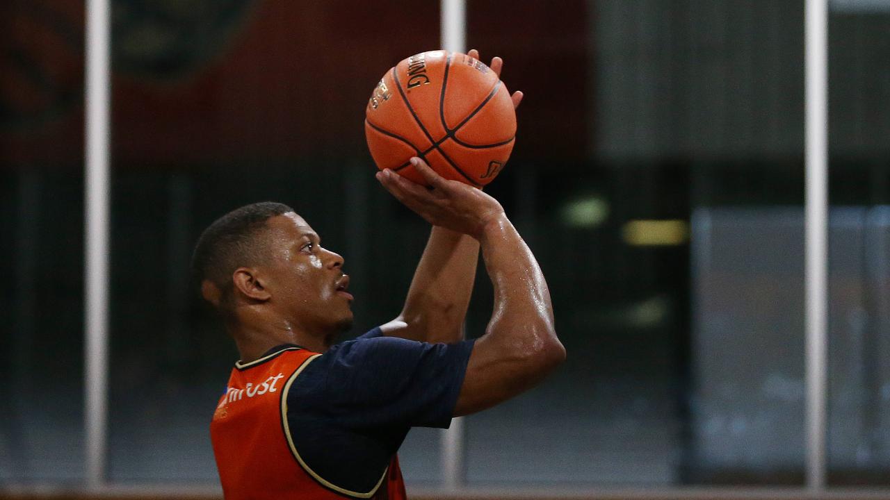 Taipans' Scott Machado practices his free throw at Taipans pre-season training at Cairns Basketball Centre, Manunda. Picture: Brendan Radke