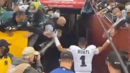 Jalen Hurts almost had a wall and fans fall on him as he left the stadium. Photo: Twitter